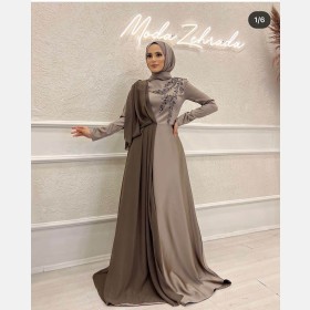 فستان سهرة طويل ~ ستان مشبوك بالشيفون (DR-0141)